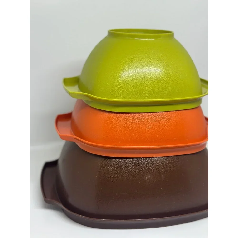 VTG Tupperware Stackable Bowls With Handles In Green Orange & Brown READ Decor‎